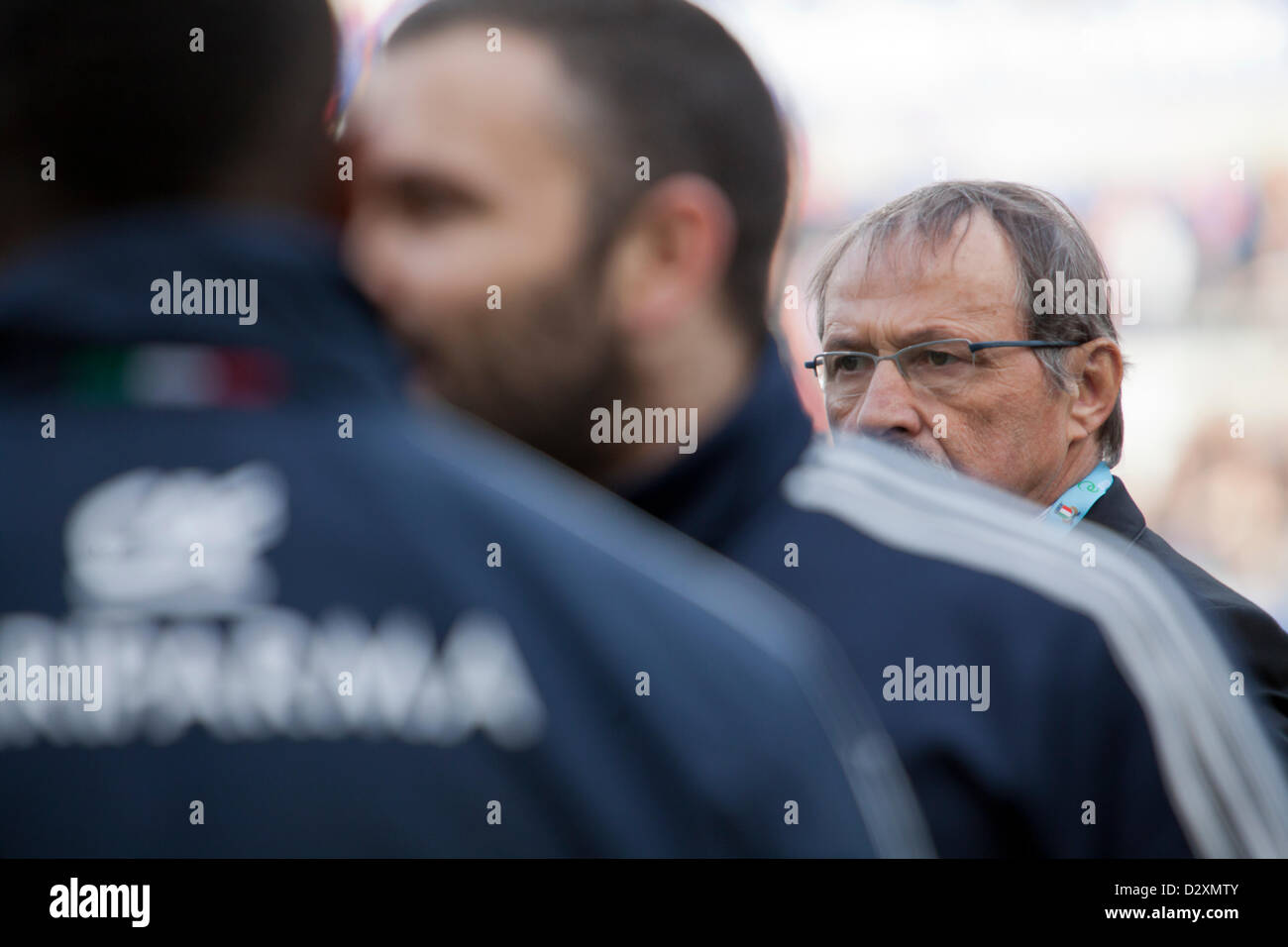 3. Februar. 2013. Rom, Italien. Six Nations Rugby. Italien gegen Frankreich. Italien-Team-Coach Jacques Brunel. Stockfoto