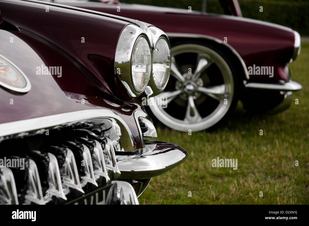 Nahaufnahme von zwei fünfziger Jahre amerikanische Autos geparkt auf dem Rasen. Stockfoto