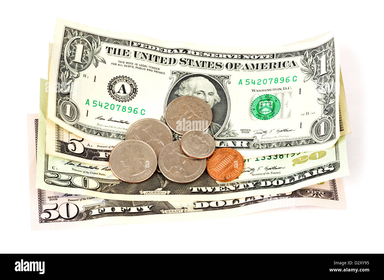 US-Währung - Dollars und Cents Stockfoto