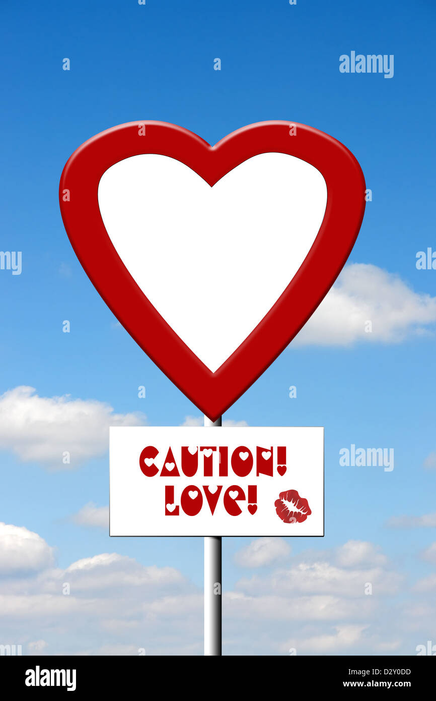 Roten und weißen herzförmiges Schild mit Vorsicht Liebe Text über blauen Himmel Stockfoto