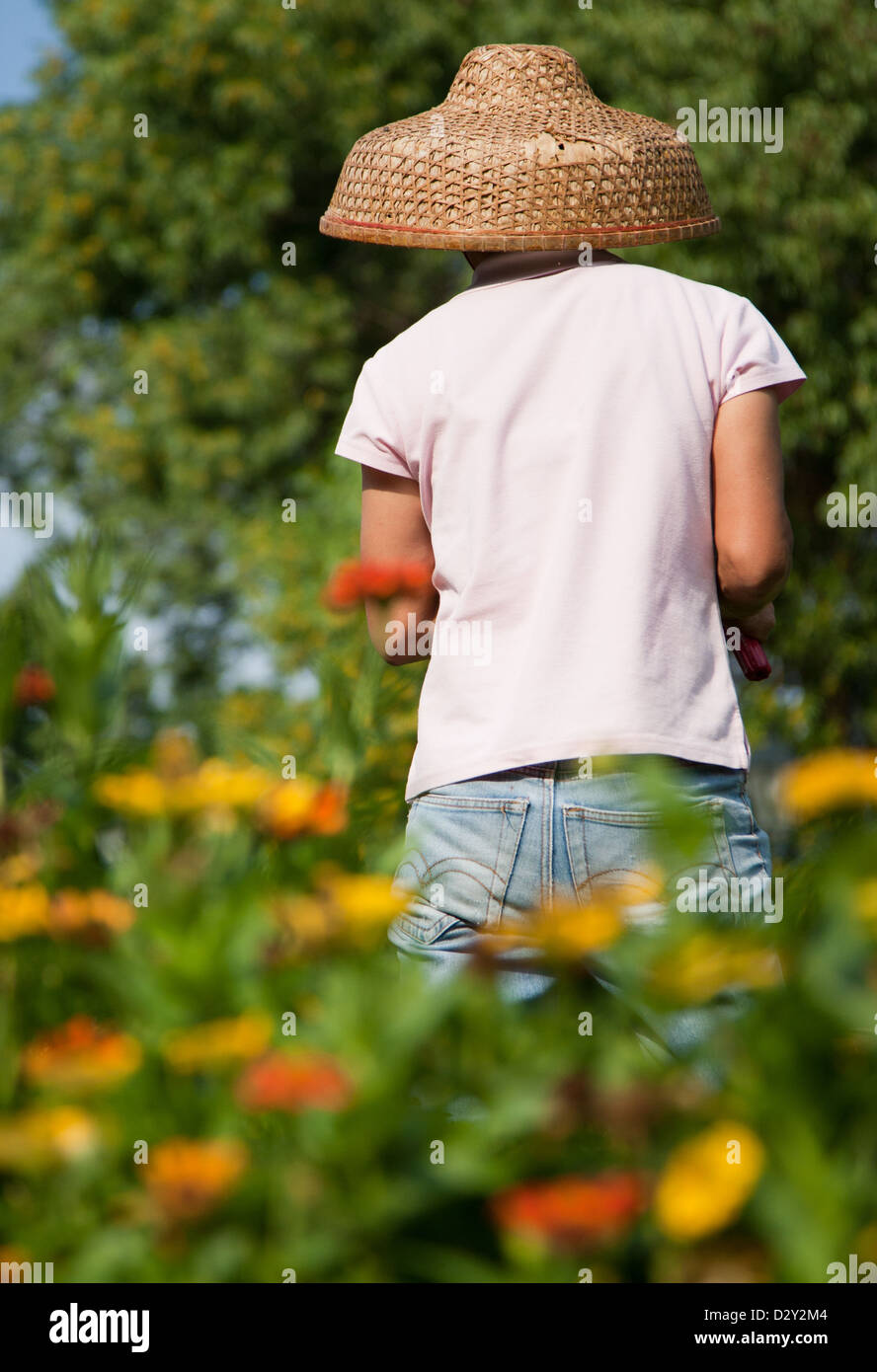 Chinesische Frau tragen, kegelförmiger asiatischer Hut, Hut Segge, Reis Hut, Paddy Hut, Gartenarbeit in die Ruinen von St. Paul Kathedrale, Macau Stockfoto