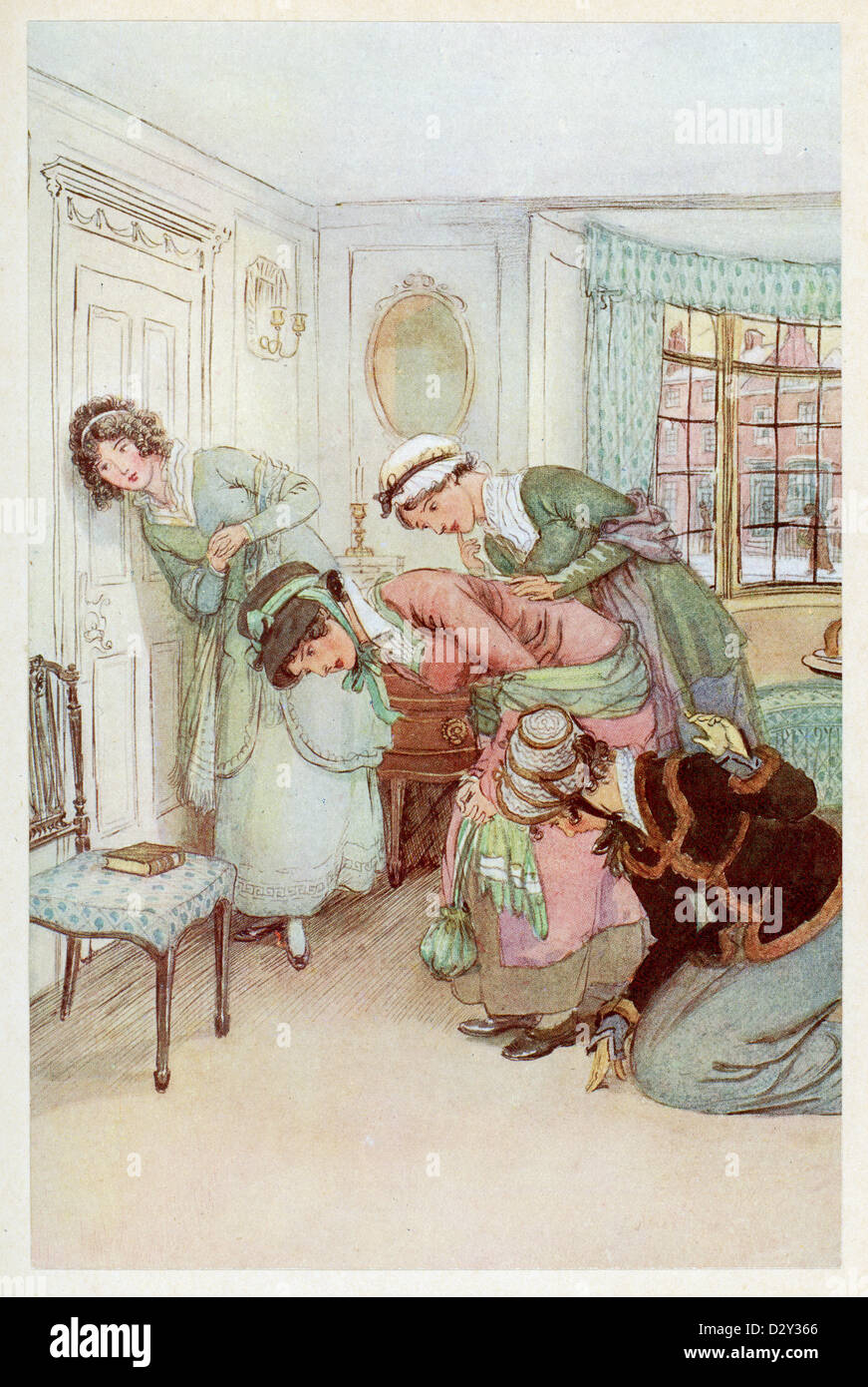Abbildung aus dem J. M. Barrie Stück Quality Street, eine Komödie über zwei Schwestern, die eine Schule "für vornehme Kinder" beginnen. Stockfoto