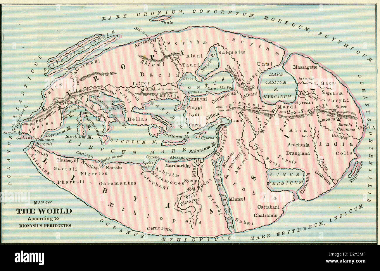 1889-Karte der Welt nach Dionysius Periegetes. Stockfoto