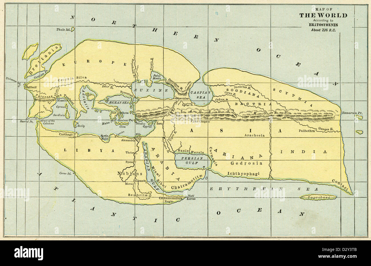 1889-Karte der Welt nach Eratosthenes ca. 225 v. Chr.. Stockfoto