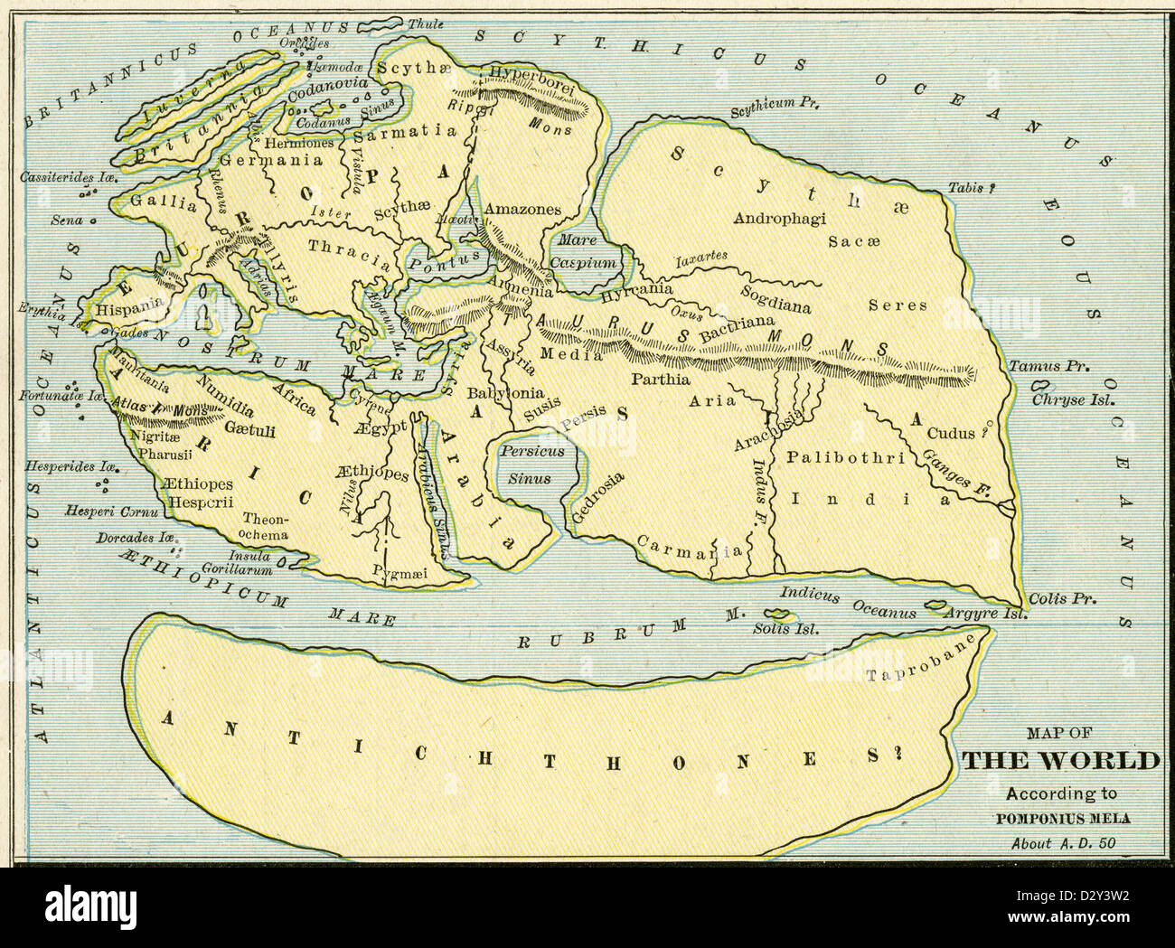1889-Karte der Welt nach Pomponius Mela über AD-50. Stockfoto