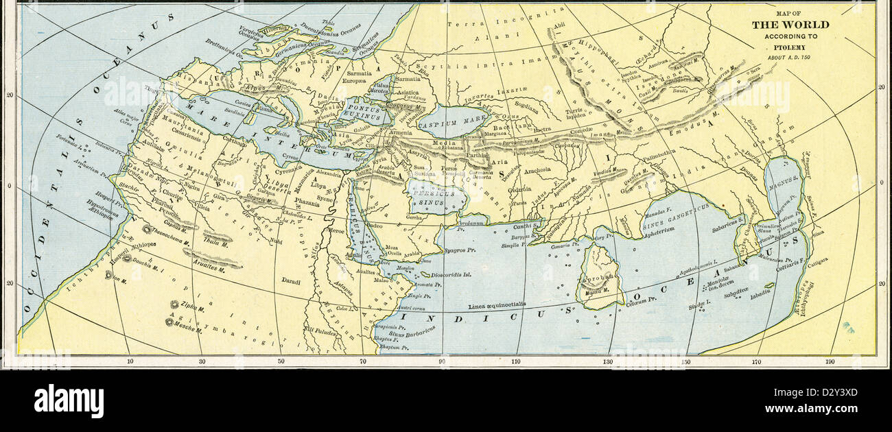 1889 print, Karte von der World According to Ptolemäus etwa 150 n. Chr.. Stockfoto