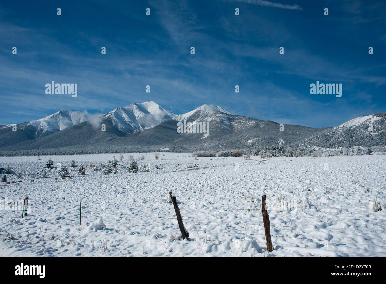 Der erste Schnee der Saison hat Mount Princeton und Surround-Felder in ein Winterwunderland drapiert. Stockfoto