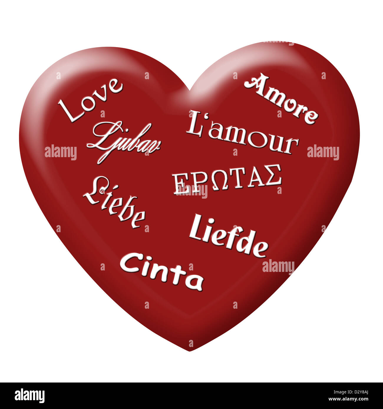 Rotes Herz mit Liebe Wort in internationalen Sprachen über weiß Stockfoto