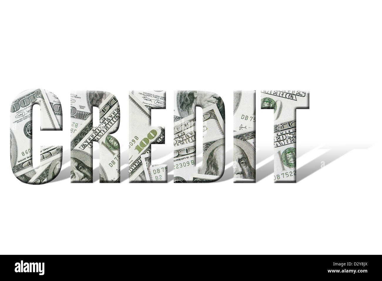 Kredit-Wort mit überlagerten hundert Dollar Bill Hintergrund auf weiß Stockfoto