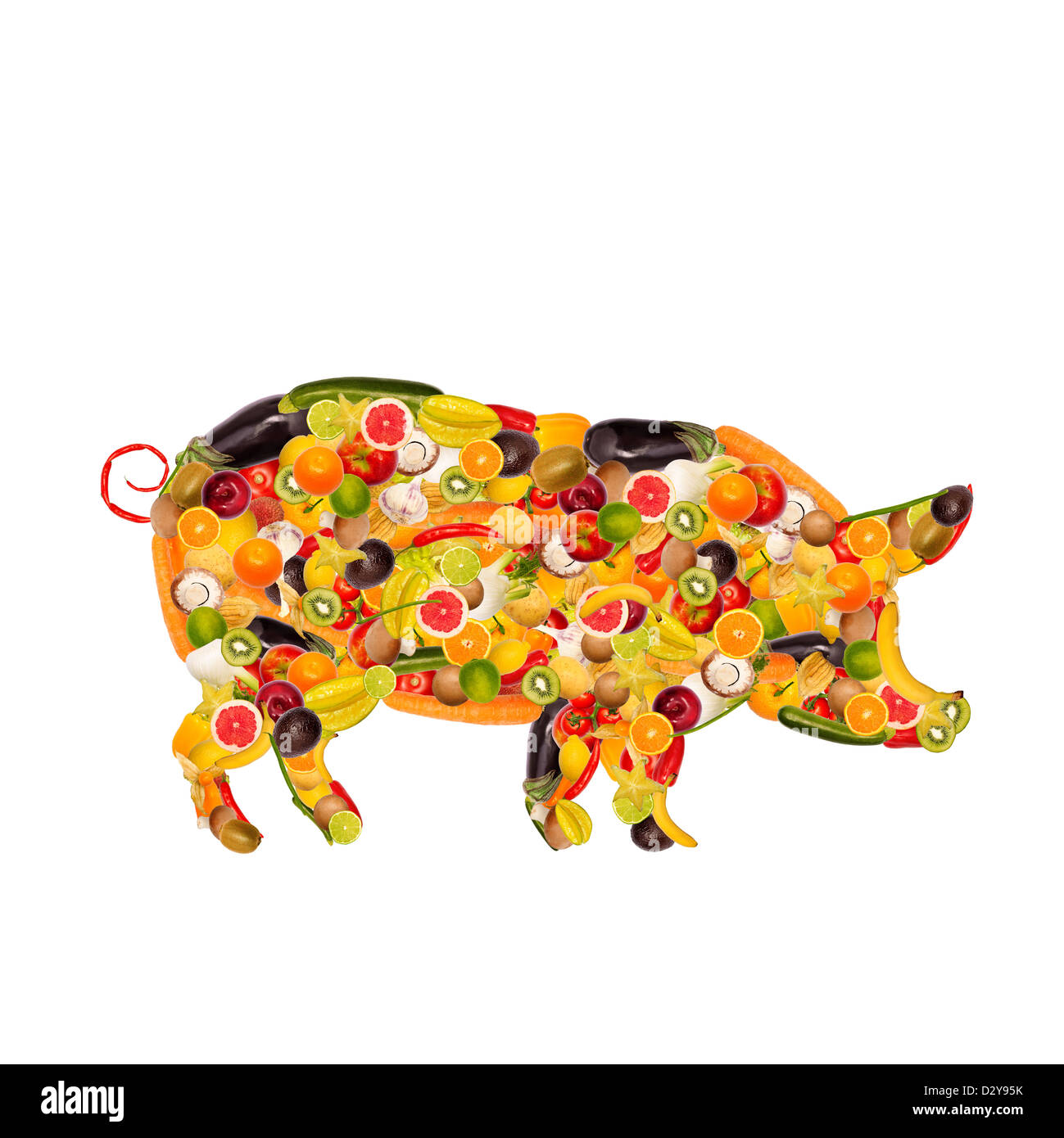 Collage eines Schweins, bestehend aus Obst und Gemüse Stockfoto