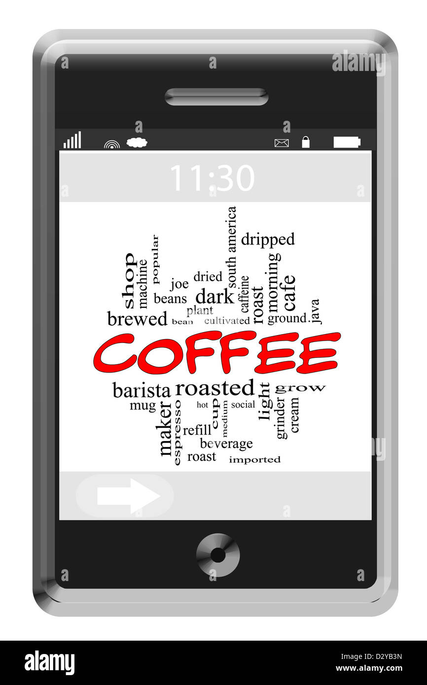 Kaffee Word Cloud-Konzept von Touchscreen-Handy mit großen Begriffe wie Braten, Grind, Espresso, Tasse und vieles mehr. Stockfoto