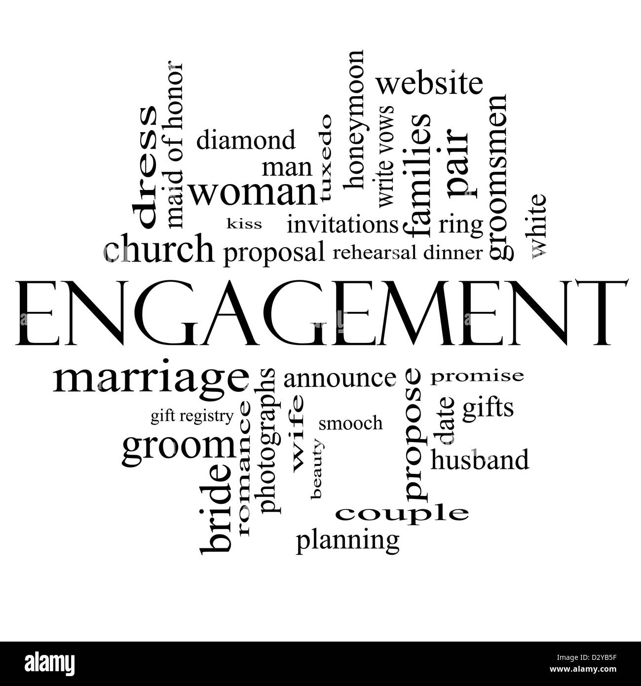 Engagement-Word Cloud-Konzept in schwarz und weiß mit großen Begriffe wie Diamant, Ring, Kuss, Vorschlag und mehr. Stockfoto