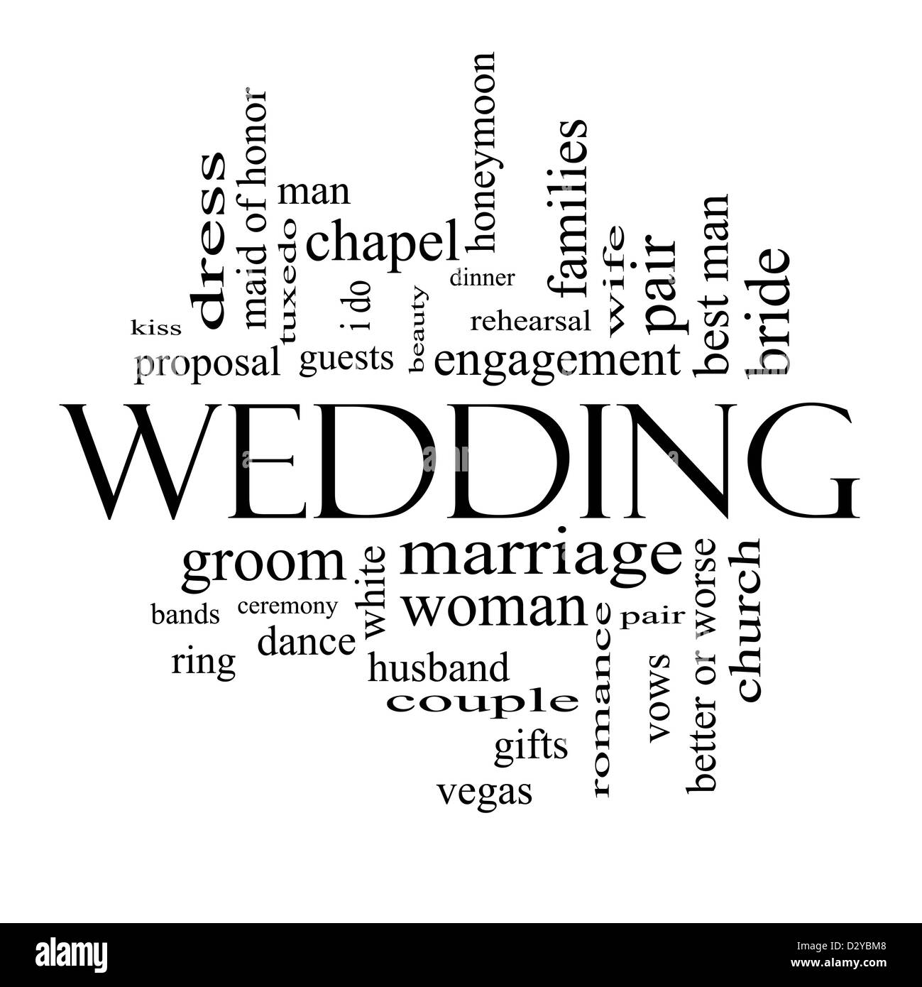 Word Cloud Hochzeitskonzept in schwarz und weiß mit großen Begriffe wie Kleid, Gäste, paar, Geschenken und Gelübde. Stockfoto
