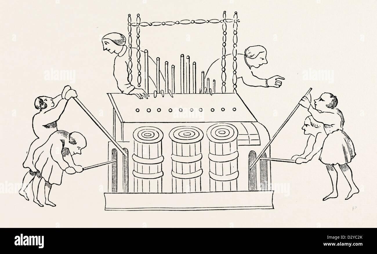 GROßE ORGEL MIT FALTENBALG UND DOPPEL-TASTATUR Stockfoto