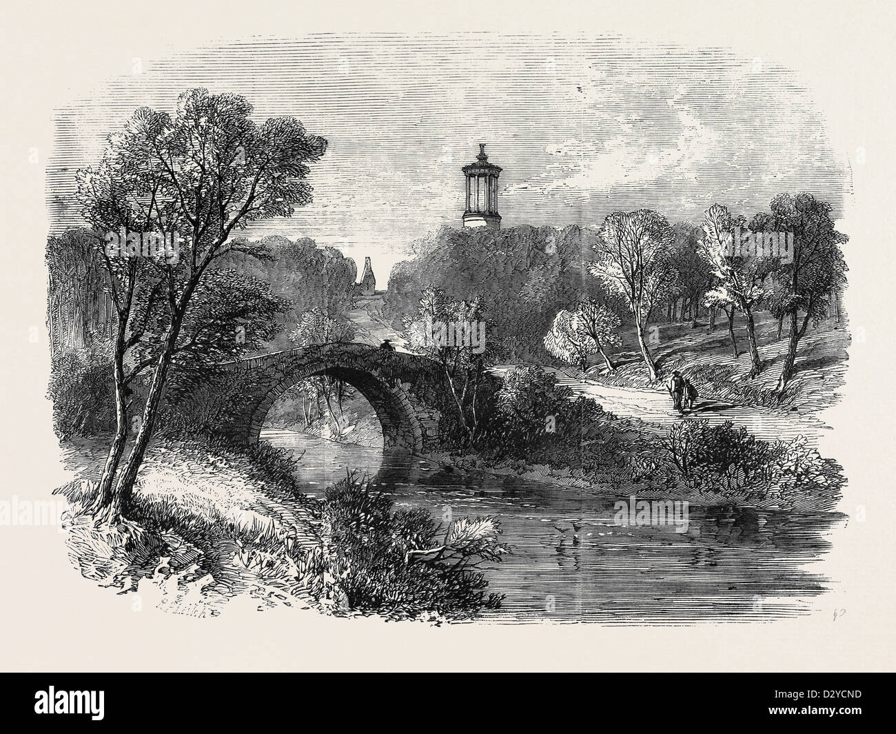 AULD BRIG VON DOON MIT BURNS DENKMAL UND EIN BLICK AUF ALLOWAY KIRK IN DER FERNE DIE CENTENARY BURNS Stockfoto