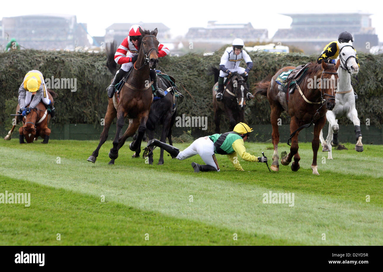 Liverpool, UK, Pferde und Jockeys stürzen den Hindernislauf Stockfoto