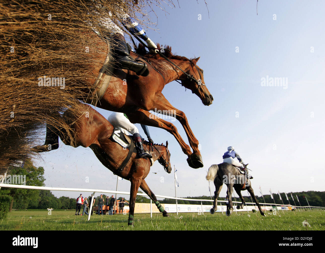 Hannover, Deutschland, Hindernislauf. Pferde und Jockeys über eine Hürde Stockfoto