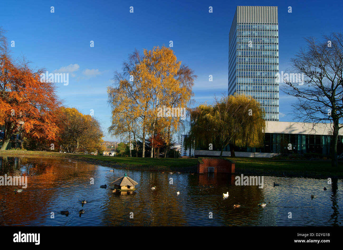 UK, South Yorkshire, Sheffield, University of Sheffield Arts Tower und Weston Park Teich Stockfoto