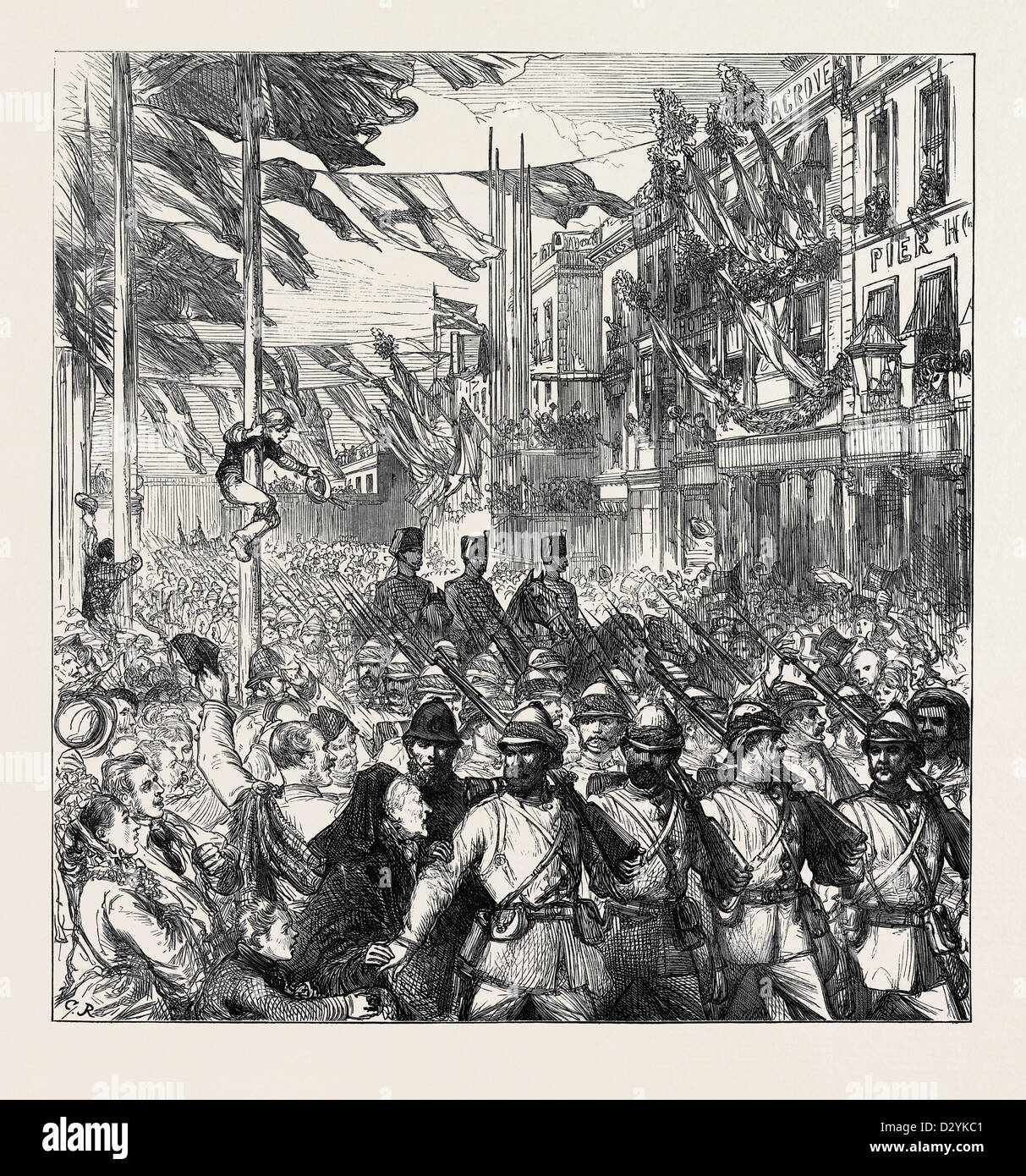 DER ASCHANTIS KRIEG: DIE HEIMKEHR ANKUNFT DER 23. ROYAL WELSH FUSILIERS IN PORTSMOUTH 1874 Stockfoto