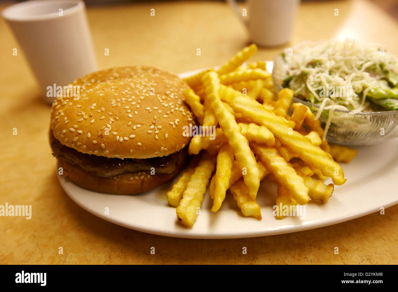 Burger Crinkle schneiden Pommes Frites und Salat in einem billigen Diner in Nordamerika Stockfoto