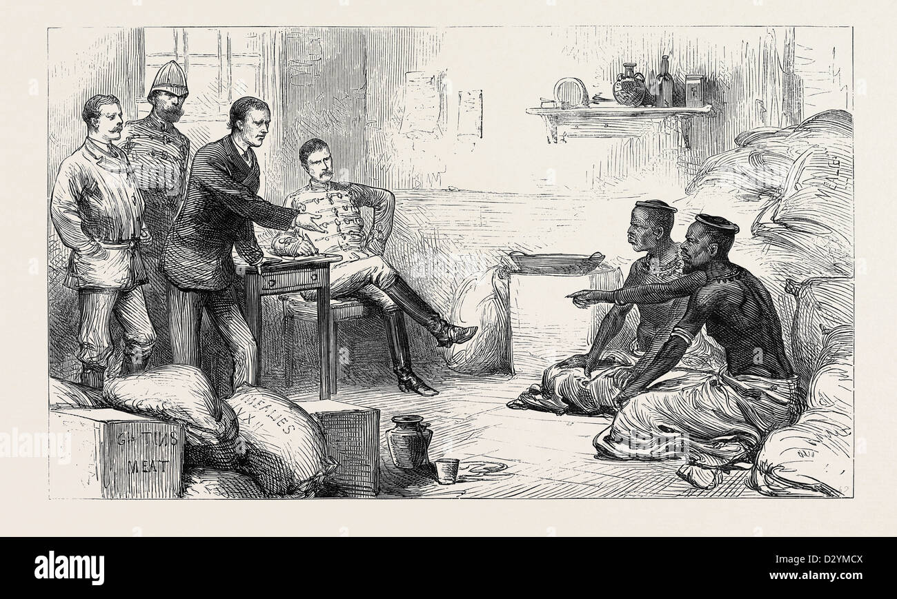 DIE ZULU KRIEG: VERNEHMUNG CETEWAYO ´S BOTEN AUF DER DALMAIN FARM (FORT KIRSCHE) 1879 Stockfoto
