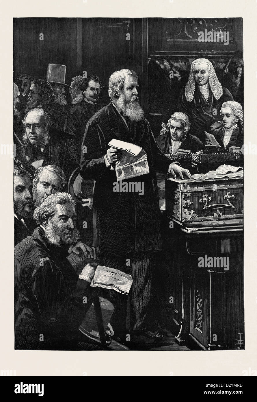 DIE ERÖFFNUNG DES PARLAMENTS: DER KANZLER DER STAATSKASSE SPRECHEN IM HOUSE OF COMMONS 1880 Stockfoto