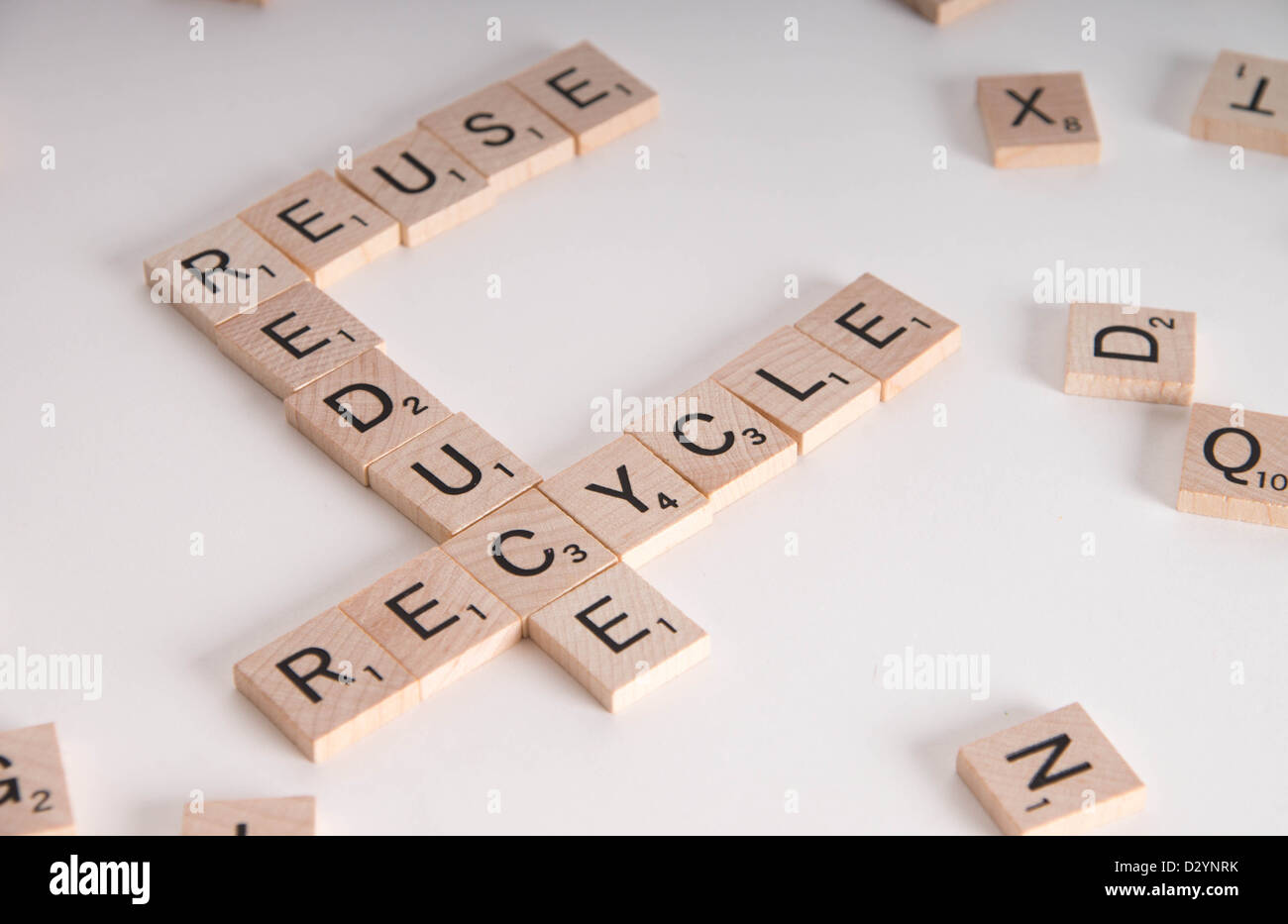 Reduce, Reuse, Recycle Konzept. Holzbuchstaben Scrabble buchstabieren "reduce, reuse, recycle" isoliert auf weißem Hintergrund Stockfoto