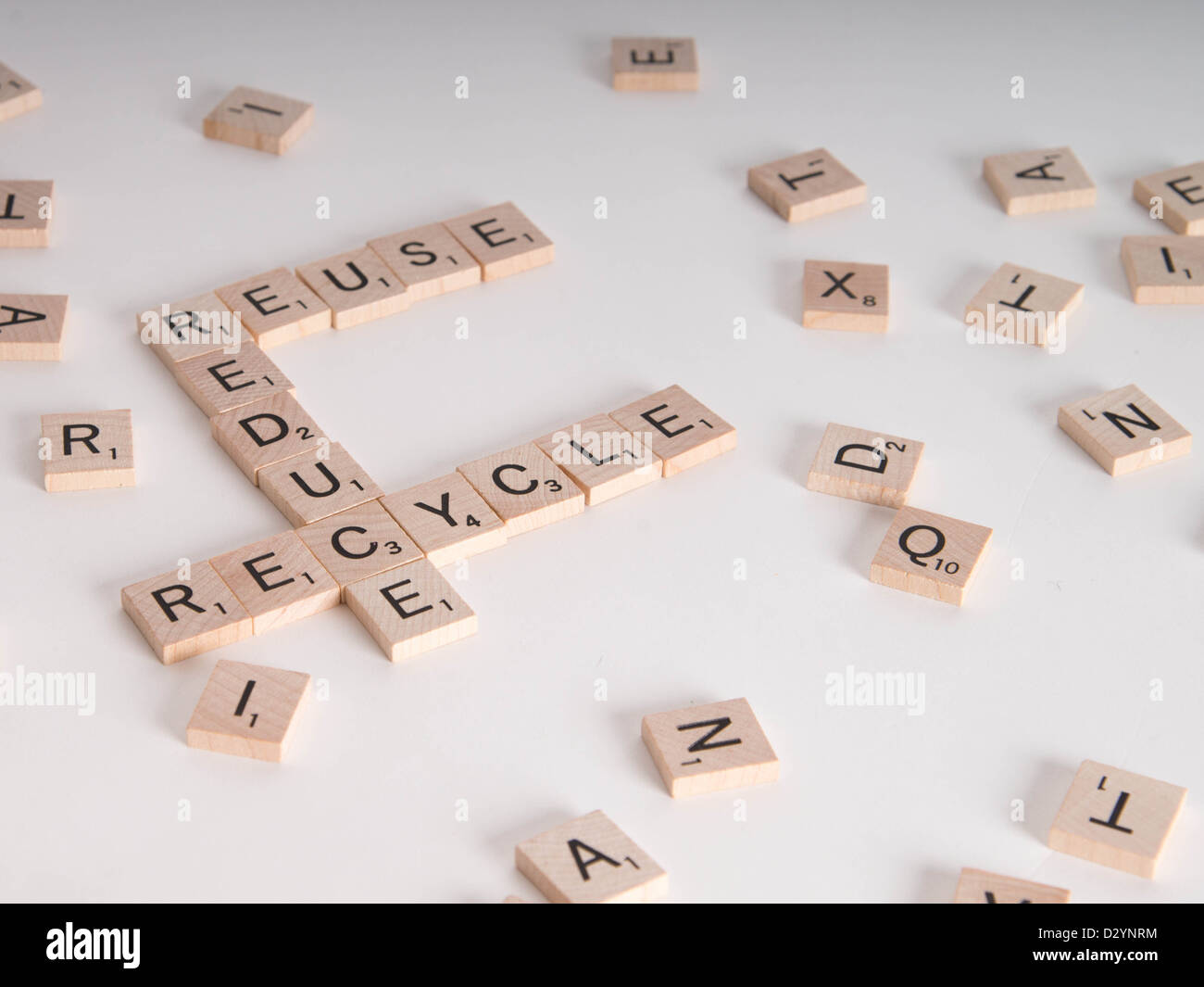 Reduce, Reuse, Recycle Konzept. Holzbuchstaben Scrabble buchstabieren "reduce, reuse, recycle" isoliert auf weißem Hintergrund Stockfoto