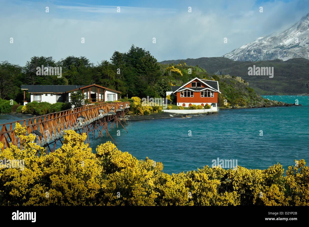 Hosteria Pehoe am Lago Pehoe, Torres del Paine Nationalpark, Patagonien, Chile Stockfoto