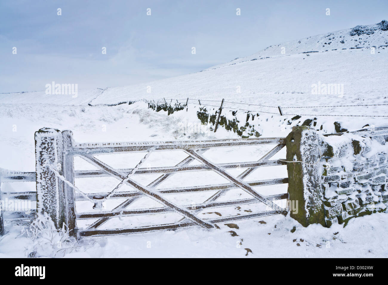 Schnee und Eis bedeckten fünf vergitterten Tor zu einem Bauernhof Feld Edale cross Kinder Scout Derbyshire Peak District England UK GB EU Europa Stockfoto