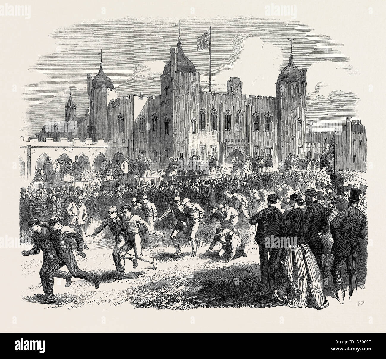 SPORTLICHE SPIELE AN DER ROYAL MILITARY ACADEMY IN WOOLWICH: DREIBEIN - RENNEN GROßBRITANNIEN 1866 Stockfoto