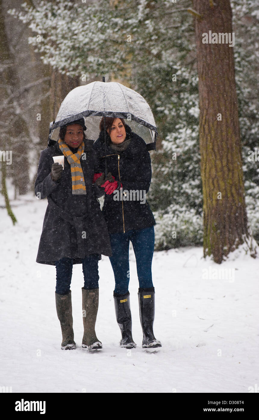 Winterspaziergang - zwei junge Frauen Freunde zu Fuß durch Schneefall in einem Park im Winter, England, UK Stockfoto