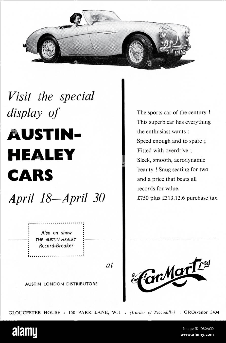 Original 1950er Jahre Vintage print Werbung aus englischen Magazin Werbung AUSTIN HEALEY Fahrzeuge Stockfoto