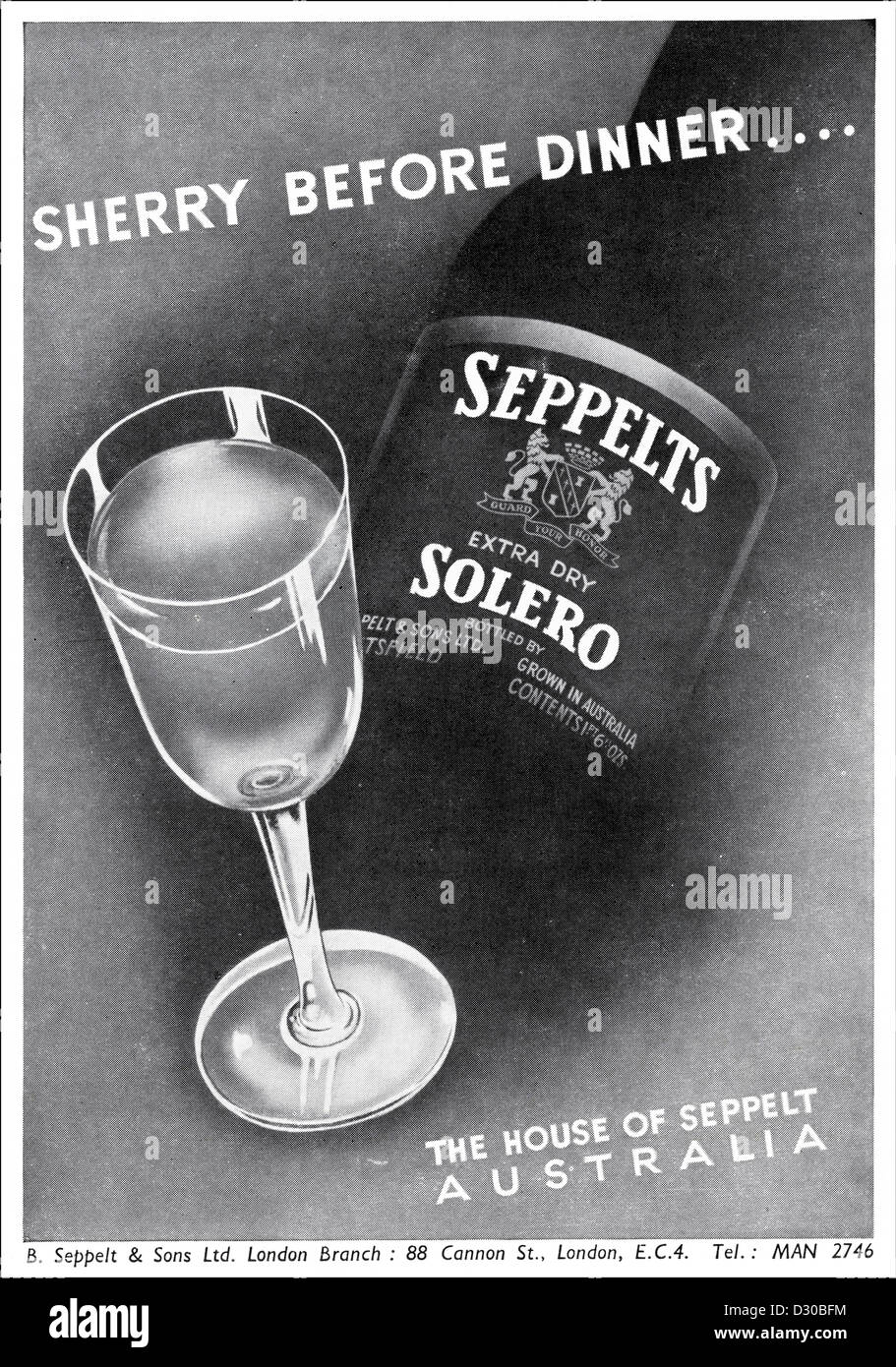 Original 1950er Jahre Vintage Printwerbung aus englischen Zeitschriftenwerbung SEPPELTS australischer sherry Stockfoto Original 1950er Jahre Vintage Printwerbung aus englischen Zeitschriftenwerbung SEPPELTS australischer sherry Stockfoto