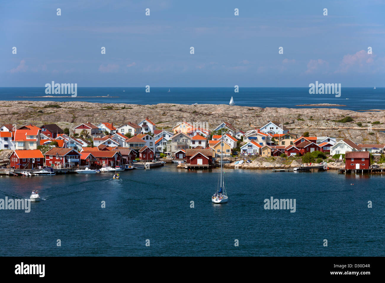 Hölzerne Fischerhütten im Dorf Smögen, Bohuslän, Schweden, Scandinavia Stockfoto