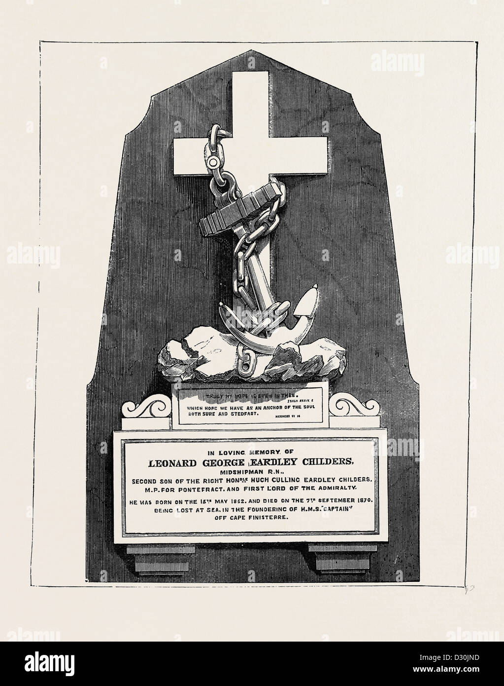 DENKMAL FÜR MR L.G.E. CHILDERS, VERLOREN AN BORD DER HMS 'KAPITÄN' Stockfoto