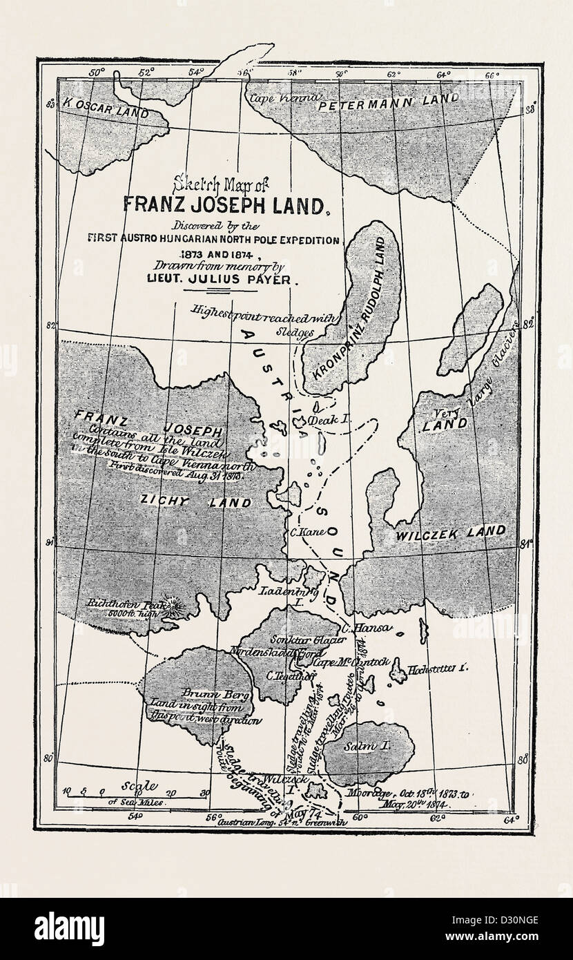 DIE ÖSTERREICHISCHEN POLAREXPEDITION, KARTE VON FRANZ-JOSEPH-LAND ENTDECKT VON HERREN PAYER UND WEYPRECHT Stockfoto