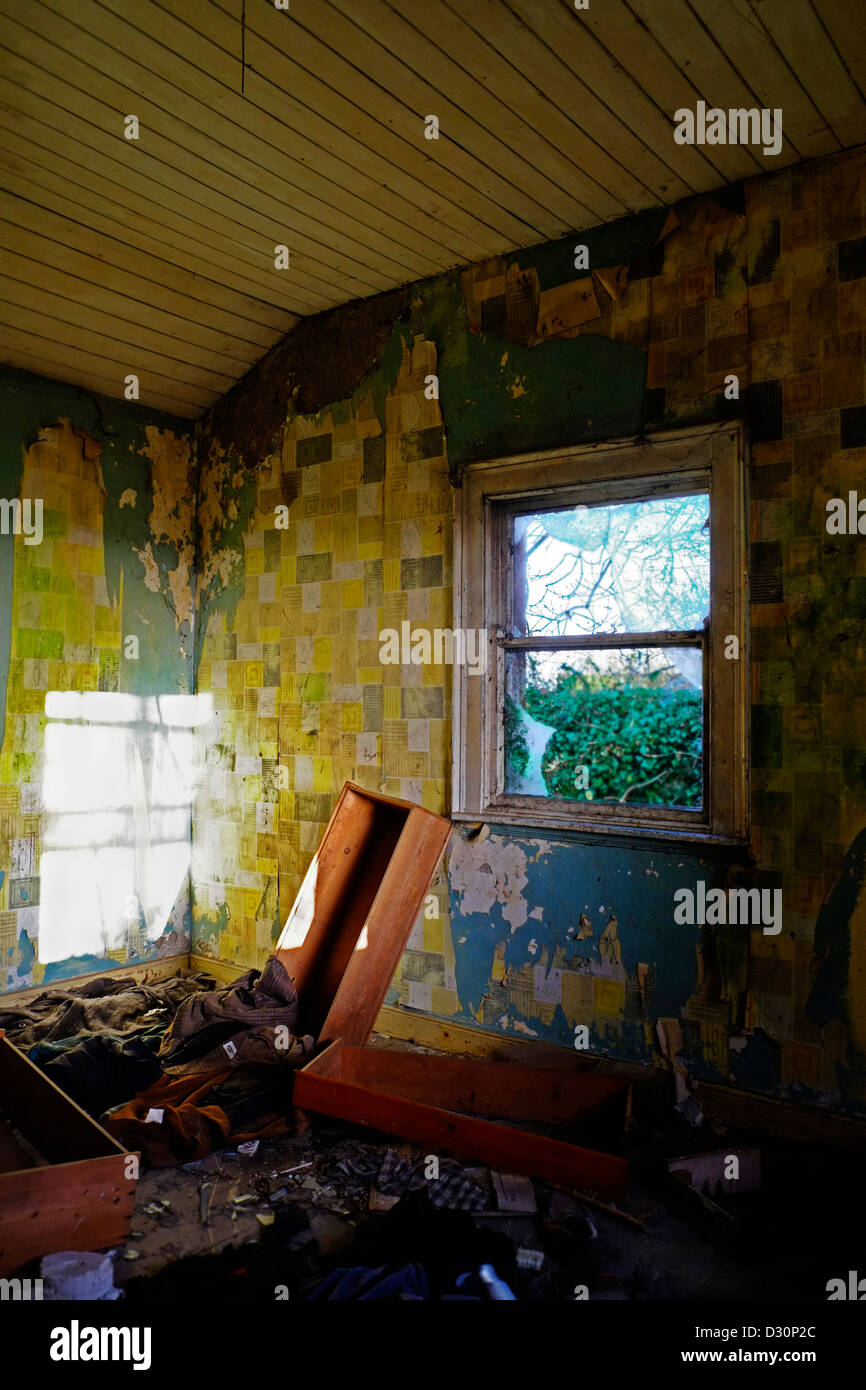 Das Innere eines verlassenen und zerstörten Hauses im ländlichen Irland, Republik Stockfoto