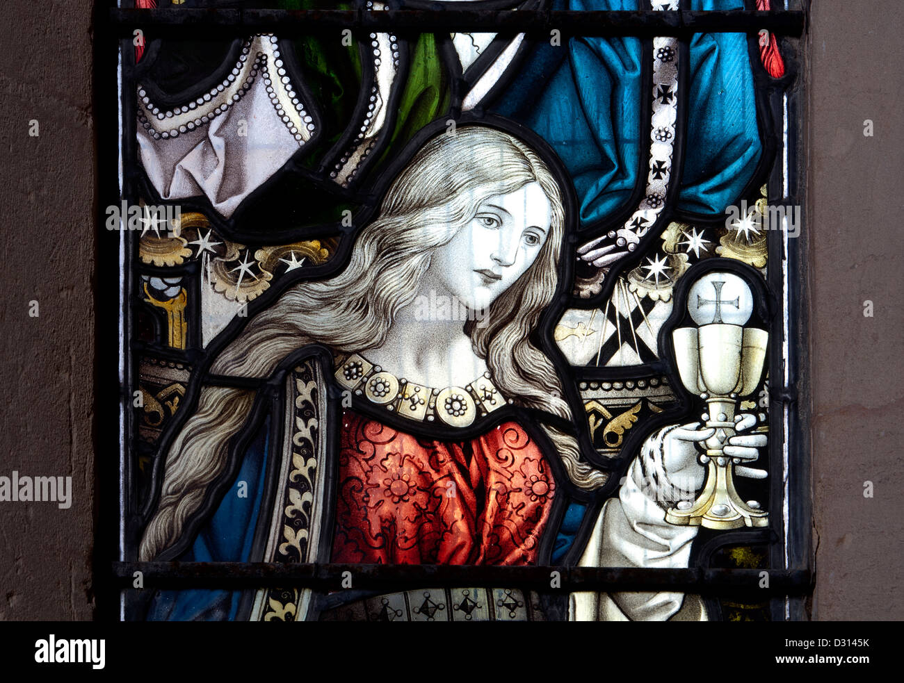 Heilige Barbara Glasmalerei, St. Barbara Kirche, Ashton-unter-Hill, Worcestershire, England, UK Stockfoto