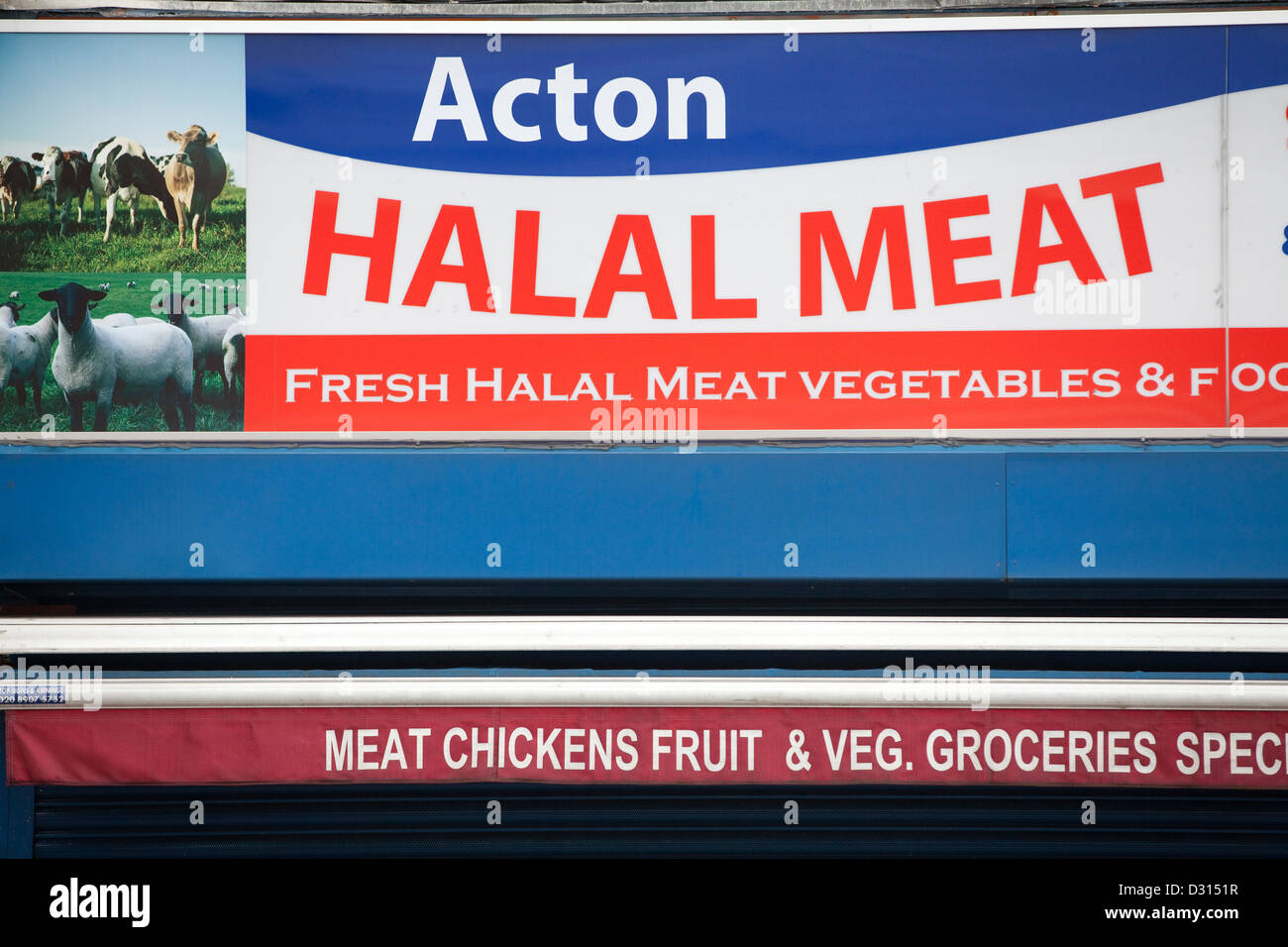 Halal-Fleisch unterzeichnen in Acton, West London, England, UK Stockfoto