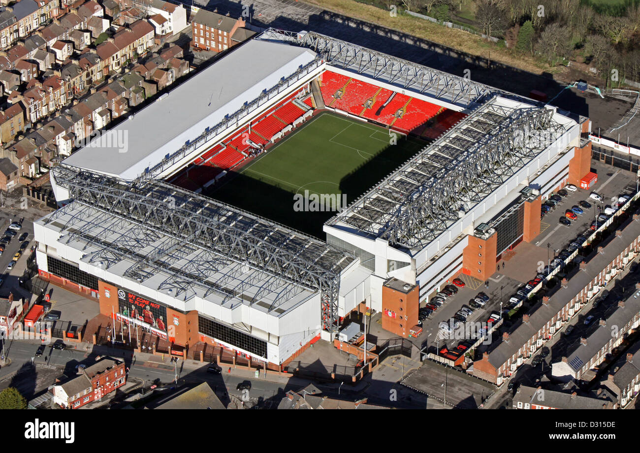 Luftaufnahme des FC Liverpool Anfield-Stadion Stockfoto