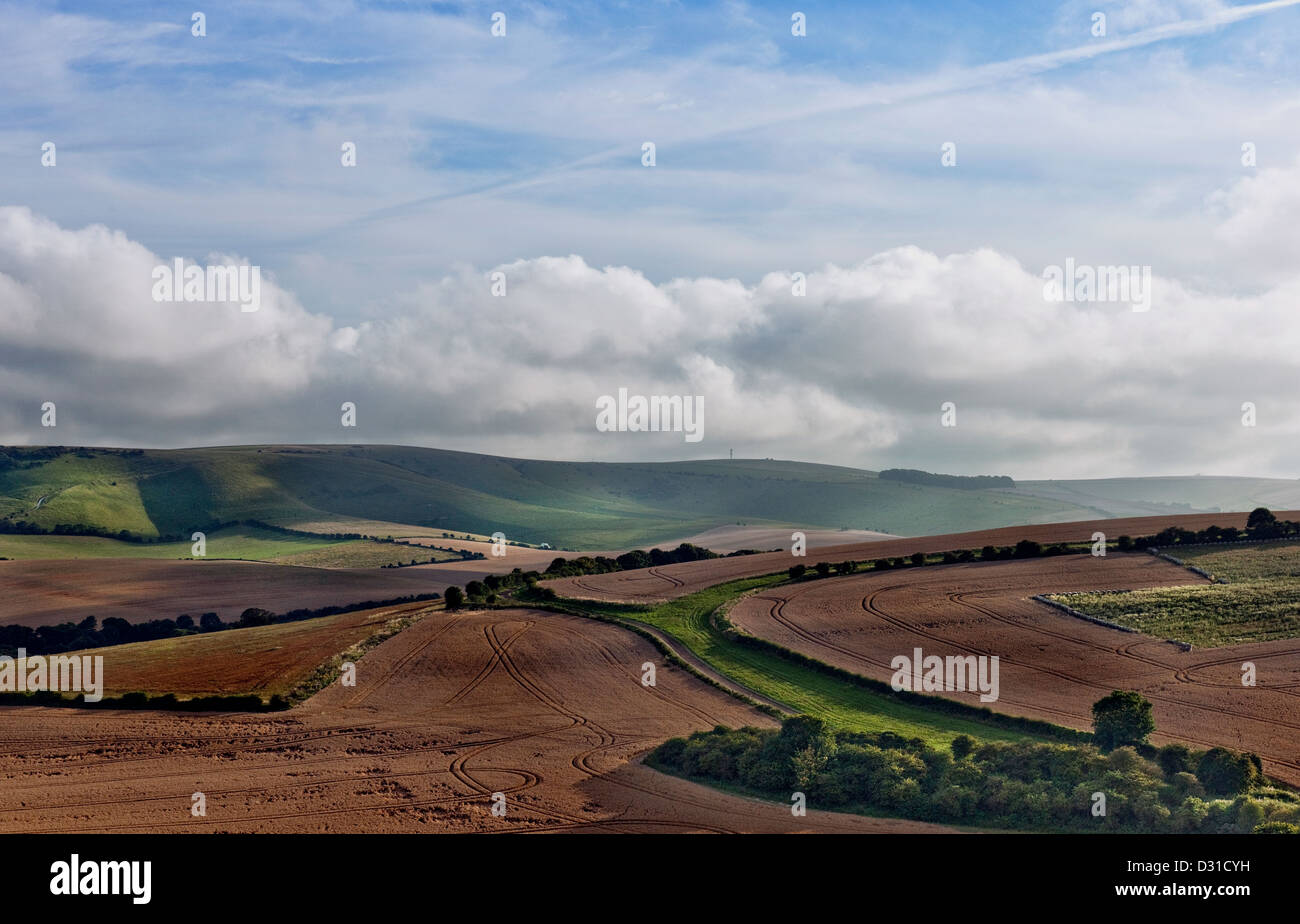 Blick über gepflügten Felder in Richtung Kingston Grat auf den South Downs von Lewes, East Sussex, England, UK Stockfoto