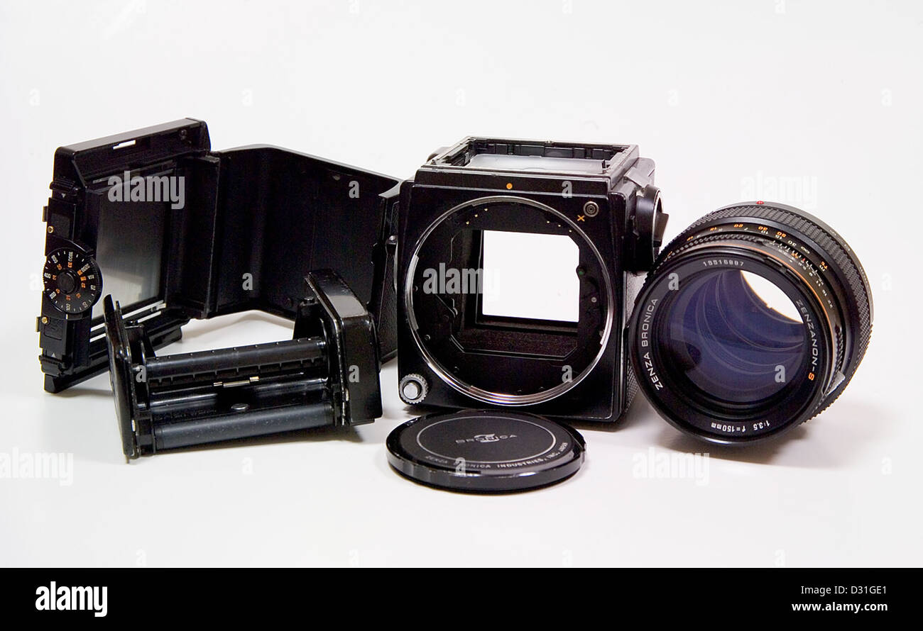 Zenza Bronica SQ-Kamera mit Zenzanon-S 1: 3,5 f = 150 mm-Objektiv. Stockfoto