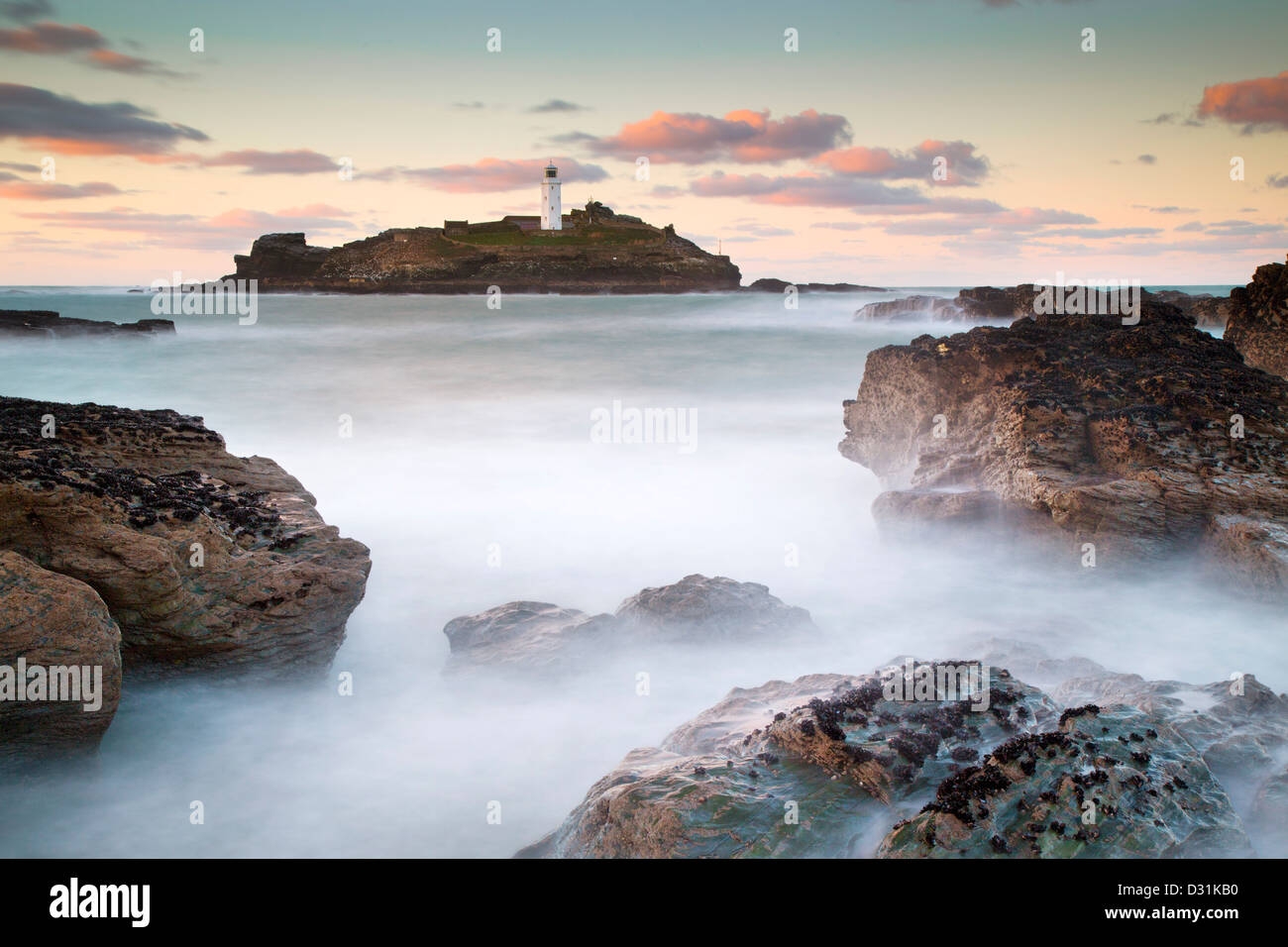 Godrevy; Leuchtturm; Sonnenuntergang; Cornwall; UK Stockfoto