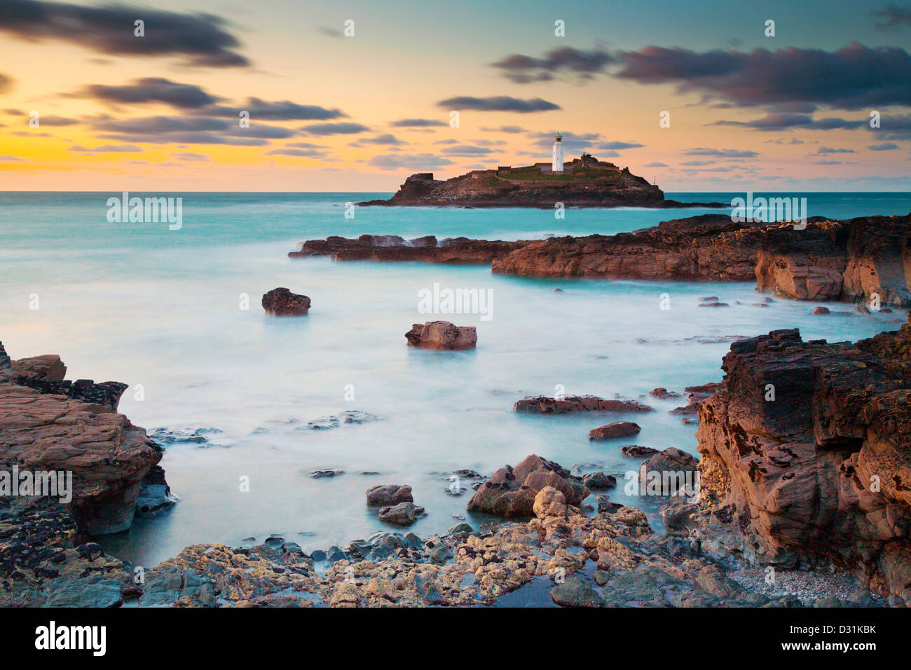 Godrevy; Leuchtturm; Sonnenuntergang; Cornwall; UK Stockfoto