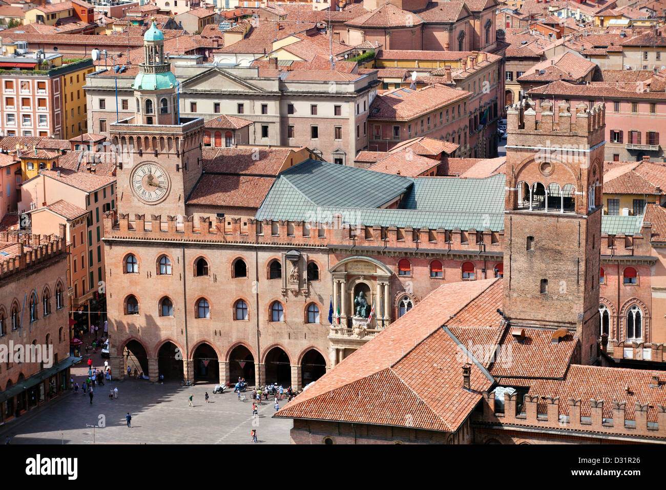 Luftaufnahme der Piazza Maggiore in Stadt Bologna, Italien Stockfoto