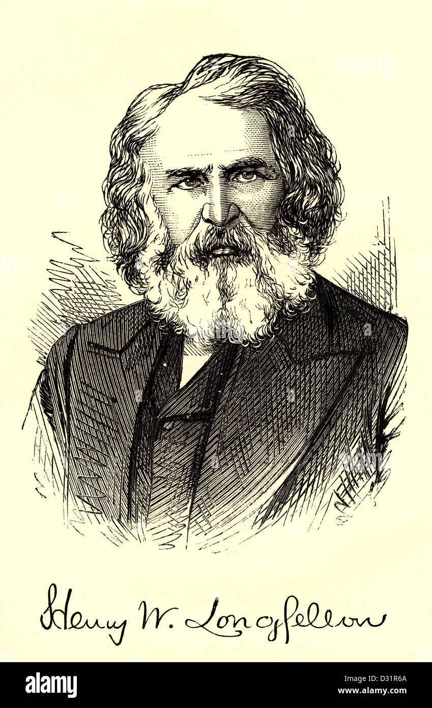 Schwarz / weiß geätzt Seite Portrait und Signatur von Henry Longfellow aus seinem 1860er "Die poetische Werke von Henry Longfellow" Stockfoto