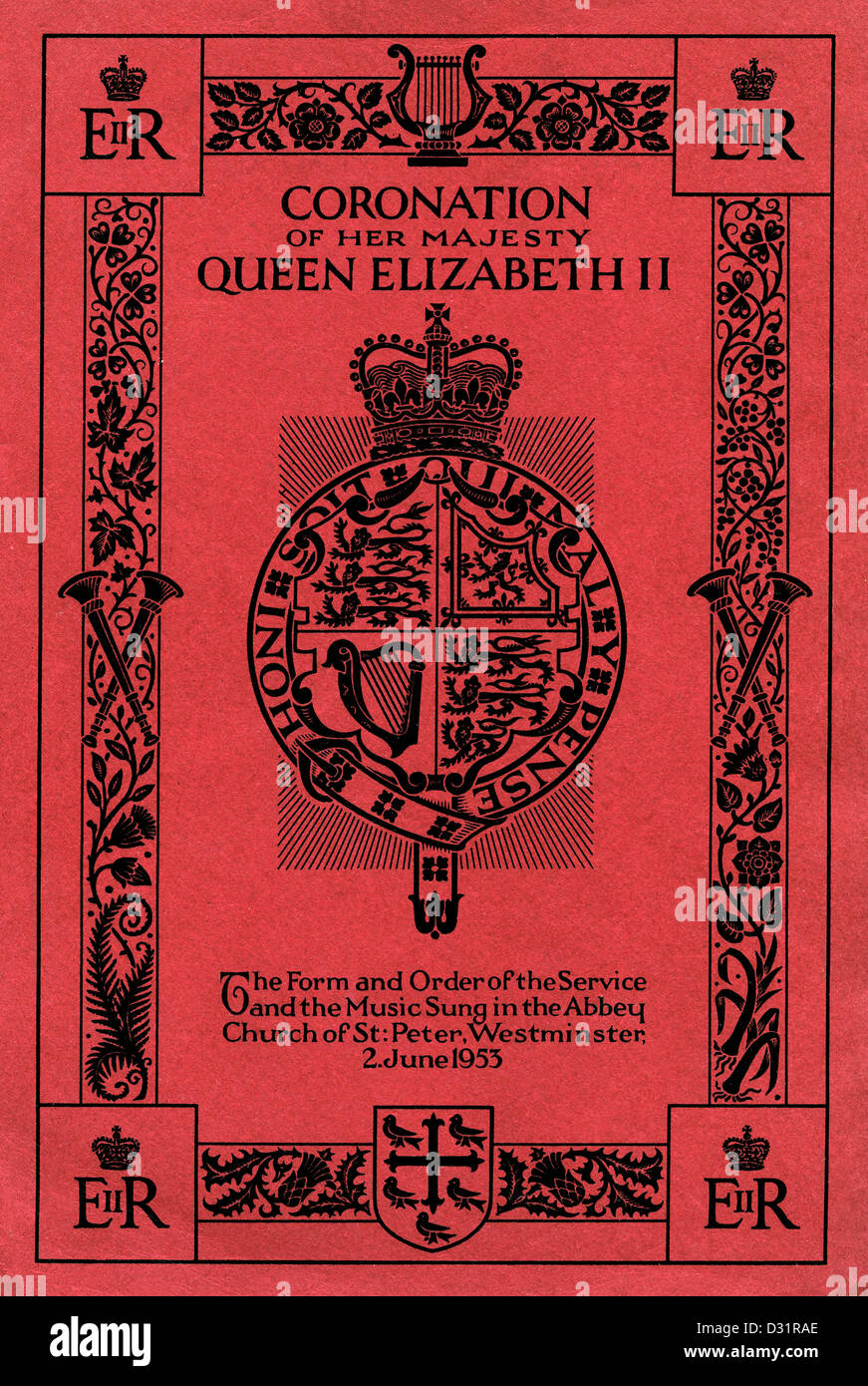 KRÖNUNGSDIENST Original-Titelblatt von Queen Elizabeth 11 Krönungsorden und Musikbuch vom 2. Juni 1953 Stockfoto