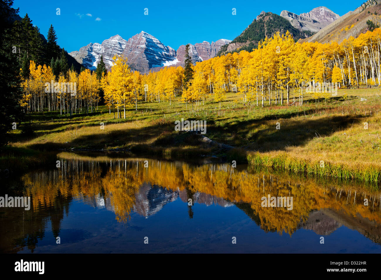 Gelbe Bäume und Berge spiegeln sich in stillem Wasser Stockfoto