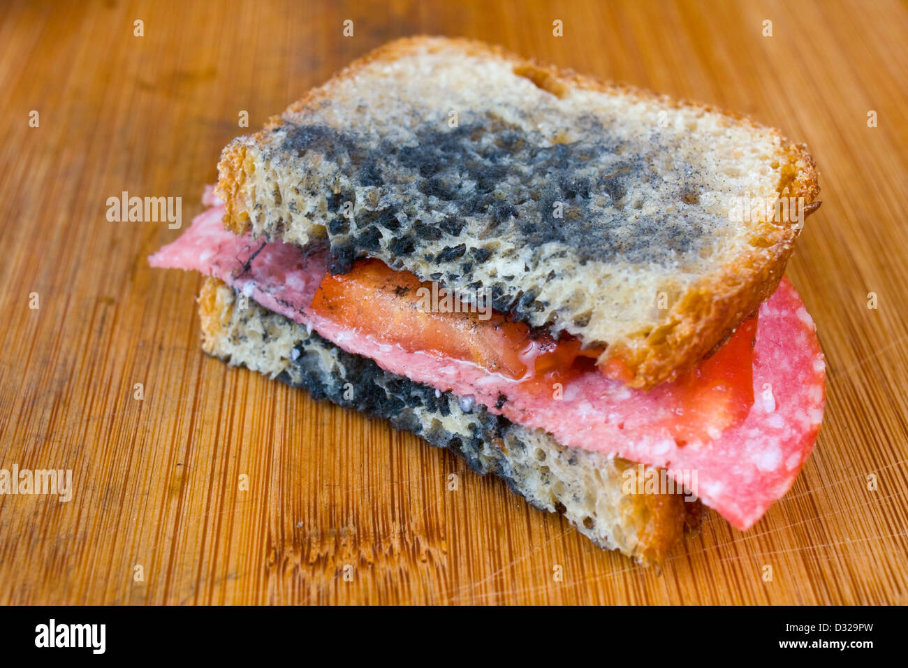schimmelige Sandwich mit Salami, Tomaten auf einem Schneidebrett Stockfoto
